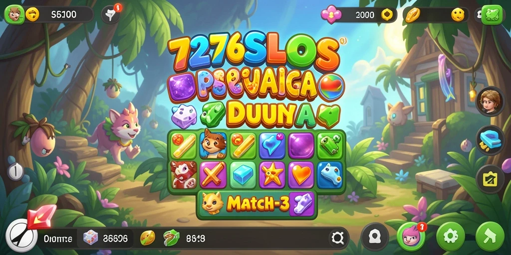Tampilan gameplay Match-3 yang menarik dan penuh warna.