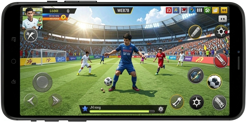 Tampilan gameplay WE878 yang dinamis dan seru di lapangan olahraga.