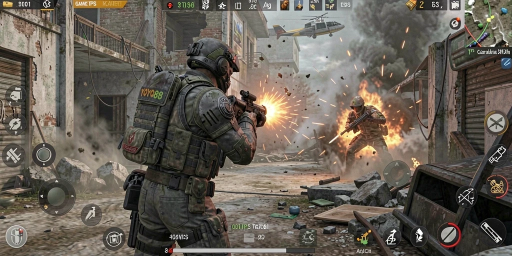 Screenshot gameplay YOYO88 menampilkan aksi tembak-menembak yang intens.